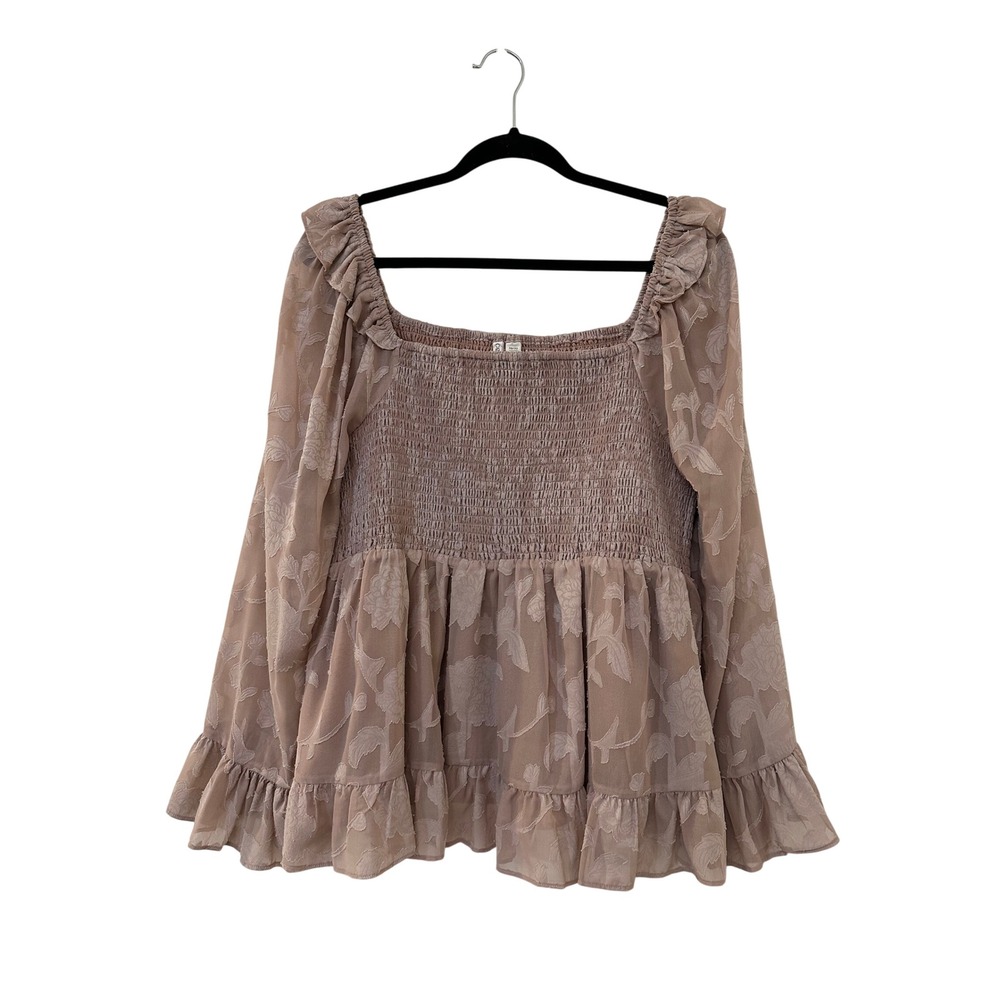 Cato Womens Plus 18 Floral Burnout Smocked Peplum Top Mauve Boho Feminine